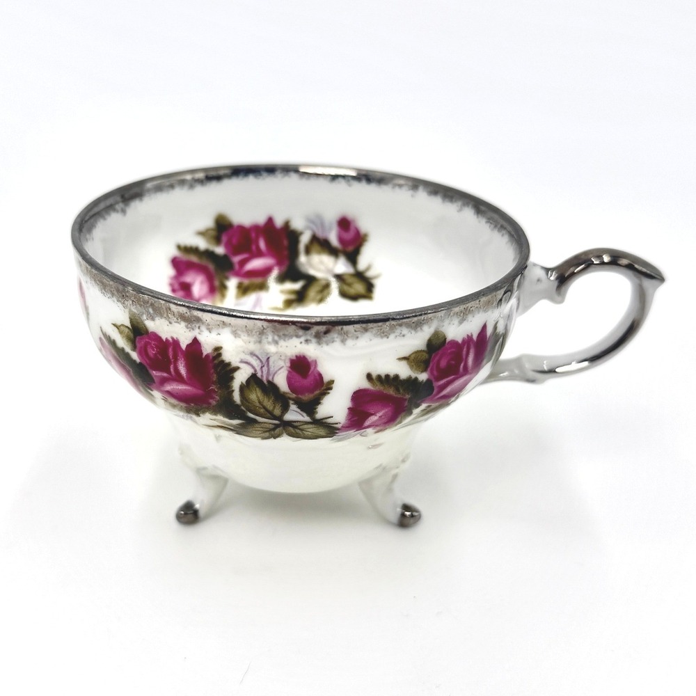 Fred Roberts Japan Lusterware Footed Teacup Pink Rose Silver Trim Vintage